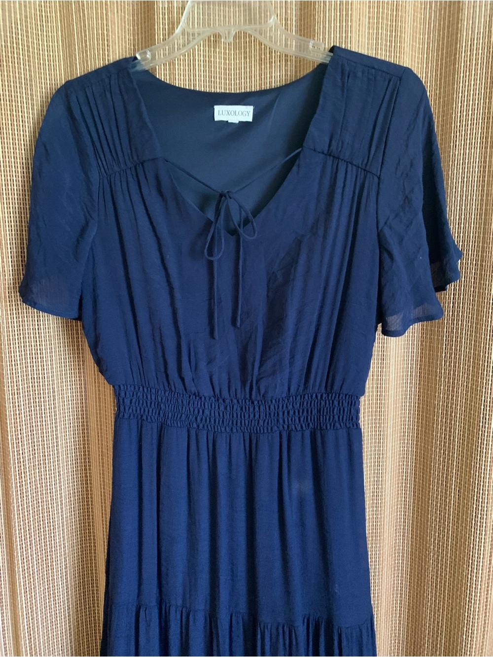 Navy Tie-Front Smocked Midi Dress